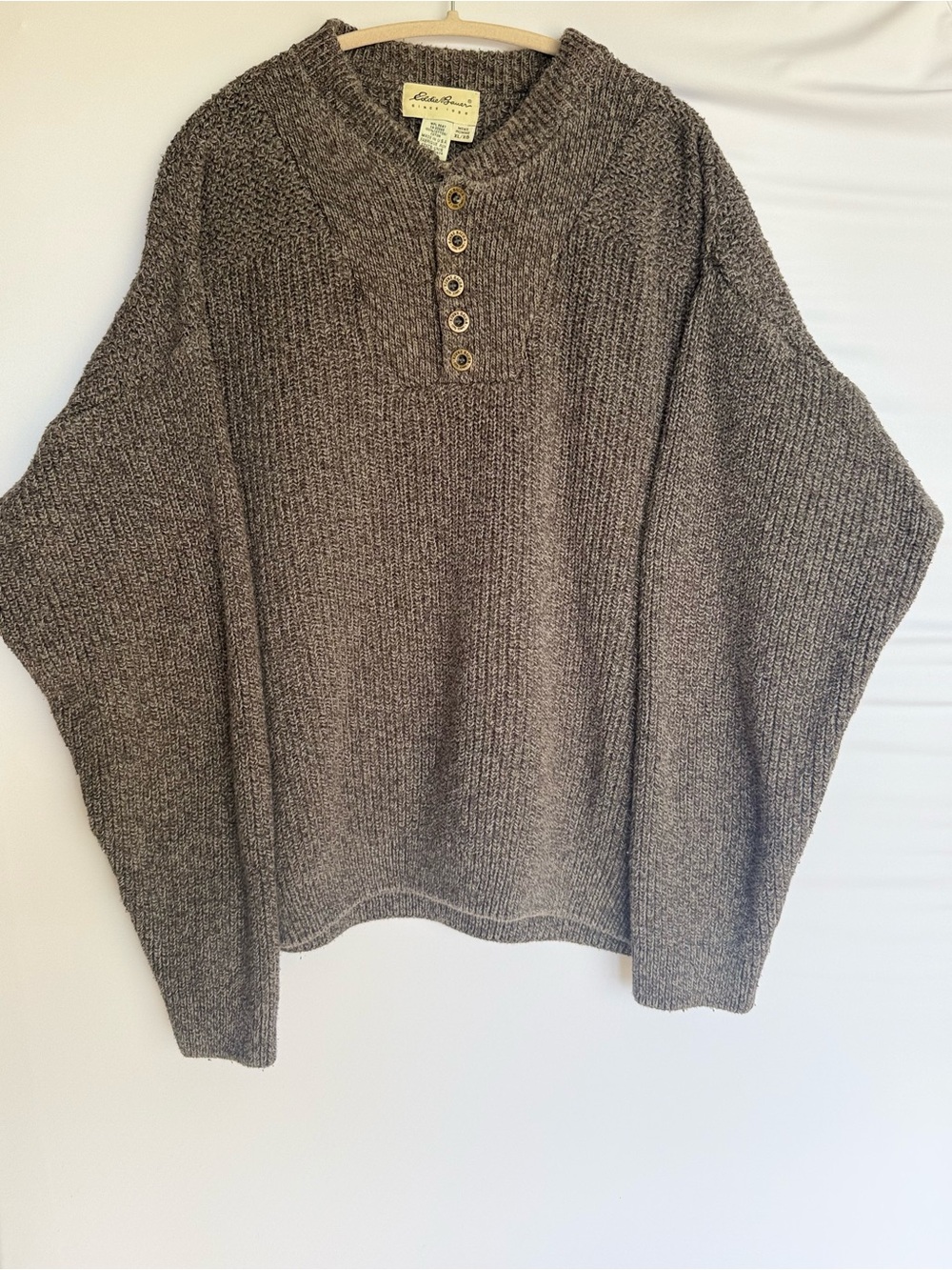 Eddie Bauer Men's Heathered Brown Crewneck Henley Cable Knit Vintage Sweater